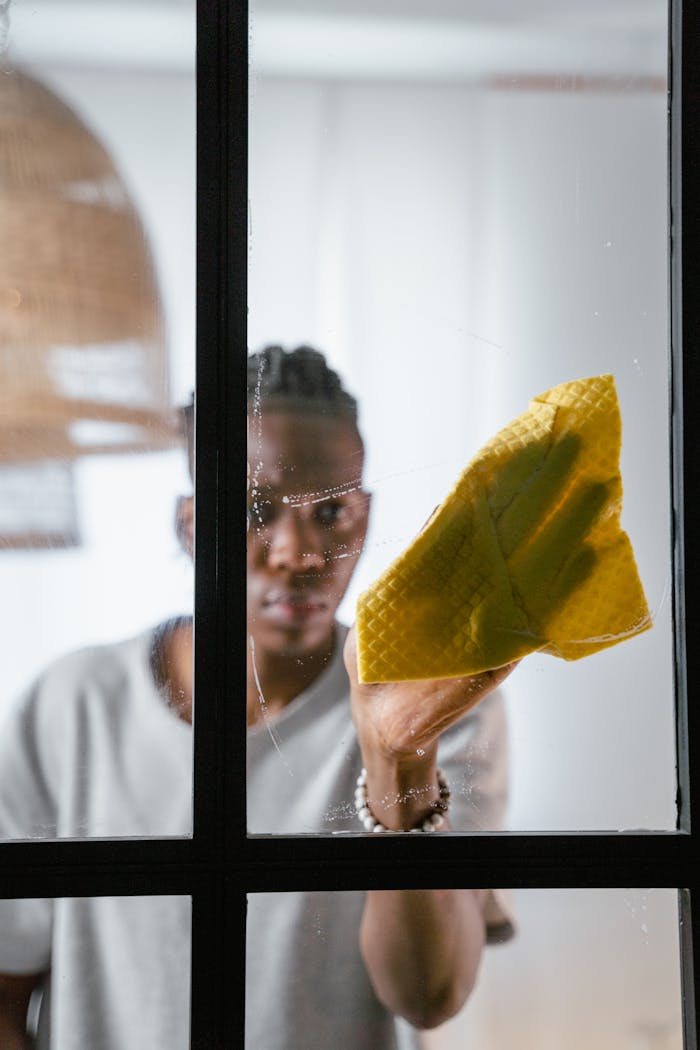 A person cleans glass windows using a yellow cloth indoors, focusing on cleanliness and maintenance.